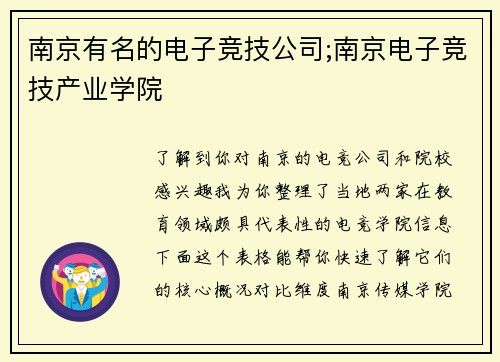 南京有名的电子竞技公司;南京电子竞技产业学院